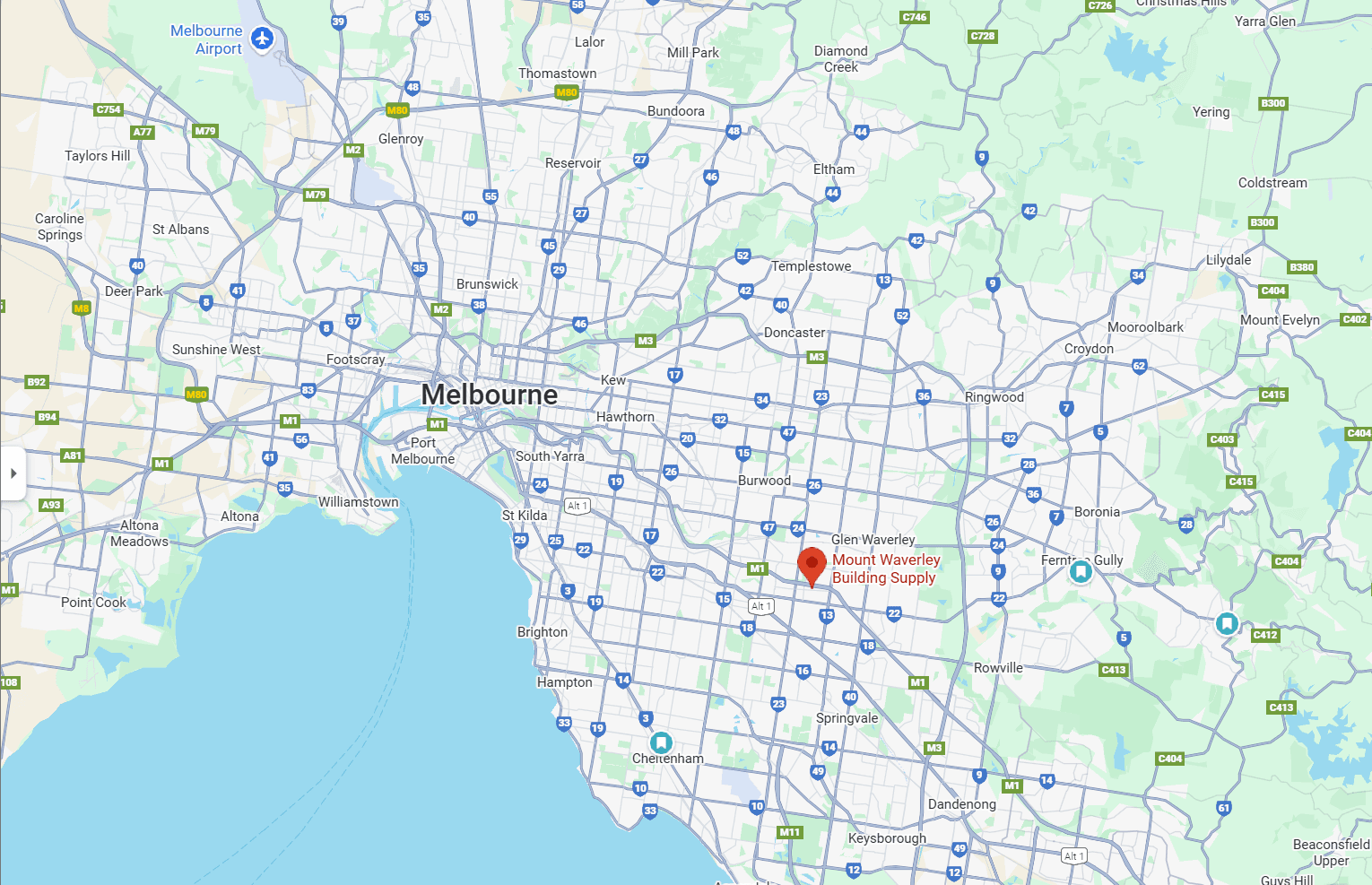 Service areas map showing Melbourne delivery coverage from Mount Waverley